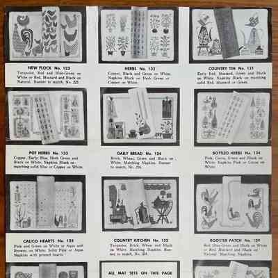 Napkins shown with Calico Kitchen 130 and Calico Patch 131 placemat sets in c.1954 placemat set brochure.: Collection of Sara Leeper. Image: PKM.