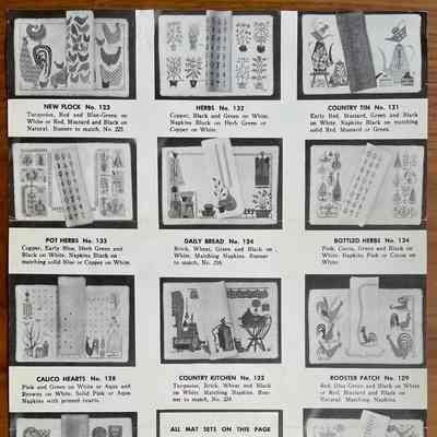 Bottled Herbs 134, second row, right.: From “Country Prints Mat Sets and Luncheon Squares by Robert Darr Wert”, c.1955.