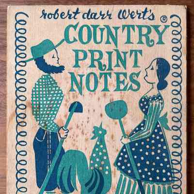 Country Print Notes box lid in aqua and blue.: Collection of Sara Leeper.