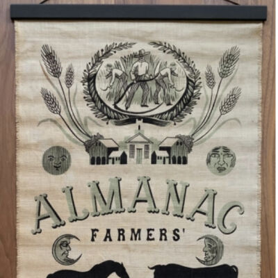 Almanac wallhanging with harvest scene at top.: PKM collection.