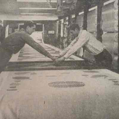 Calico Kitchen 452 tablecloths in production at the Country Prints workshop, Gill, Massachusetts, 1960’s.: Image: Collection of Sara Leeper.