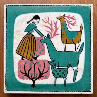Tile: Pinks, Child with Deer (TK), Blue-Green Colorway