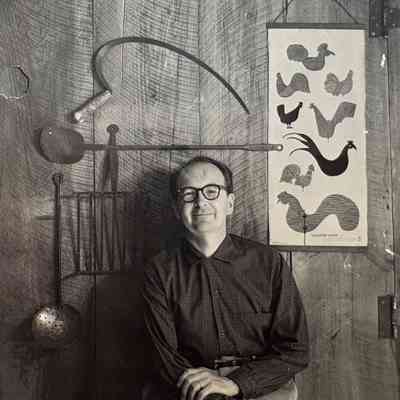 Robert Darr Wert in his studio with a Birds 228 wallhanging, c.1958-60.: Collection of Sara Leeper. Image: unidentified photographer and media source.
