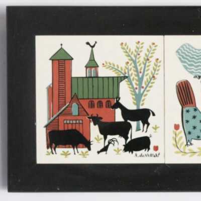 Tile, Framed Triple: Country Life F-302, Barn, Hen, and Village