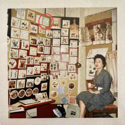 Herbs of the Heart (TK) tile circled in a Country Prints trade show booth, 1960’s.