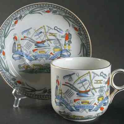 Burgess & Leigh Pottery “God Speed the Plough” teacup and saucer, c.1900.: Image: The Deliberate Agrarian; see web link.