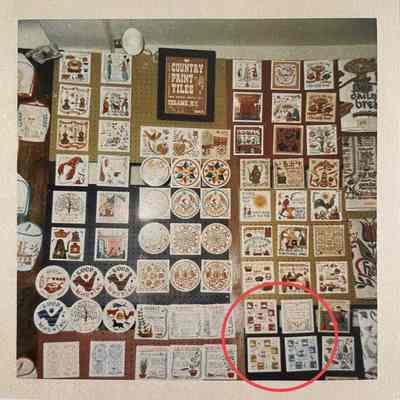 Circled: Almanac (TK) tiles in three colorways.: A Country Prints trade show booth, c.1963. Collection of Sara Leeper.