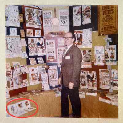 Dog Portrait tiles circled in red. Robert Darr Wert in a Country Prints trade show booth, c.1963-65.