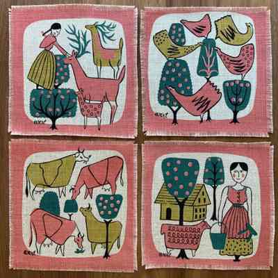 Pinks 66-1 set of four unmounted silkscreen prints, Hens at upper right; see “Gift Greetings”.: PKM collection.