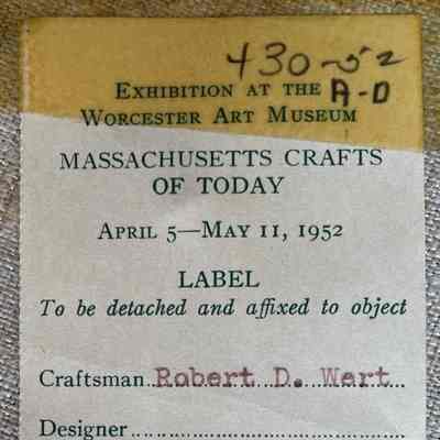Temporary accession tag from the Worcester Art Museum, 1952.