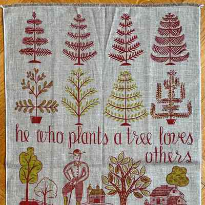 Towel, Wallhanging: Tree 208, Red on Natural Linen