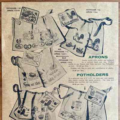 Good Morning 26 potholder and matching apron, upper right corner.: From “Fall and Christmas 1965, Robert Darr Wert/Country Prints”. Collection of Sara Leeper.