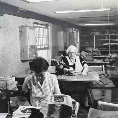 Norwegian Christmas (TK) Gift Greetings in production in the Country Prints workshop, c.1958-60.: Collection of Sara Leeper. Image: unidentified photographer and media source.