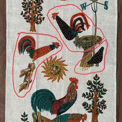 Country Prints Good Morning U226 towel/wallhanging. Red rooster on fencepost is the inspiration for the oven mitt.: PKM collection.