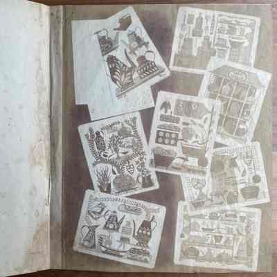 Tole Gift Greeting, bottom left corner.: From “Robert Darr Wert/Country Print Tiles”, c.1955. Collection of Sara Leeper.