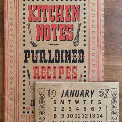Cookbook and calendar included with Kitchen Pocket wallhangings.: Calendar: Collection of Sara Leeper.