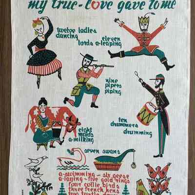 Matching towel/wallhanging: Twelve Days of Christmas 243, c.1962: see “Christmas Prints”.: PKM collection.