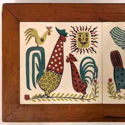 Tile, Framed Double: Rooster and Hen F-206
