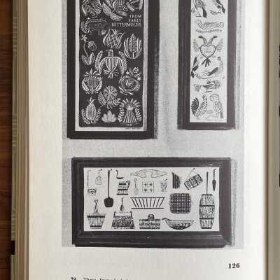 Early Birds 516-3 print, upper right corner.: From, “Blockprinting on Fabrics”, by Florence Harvey Petit, page 126. PKM collection.