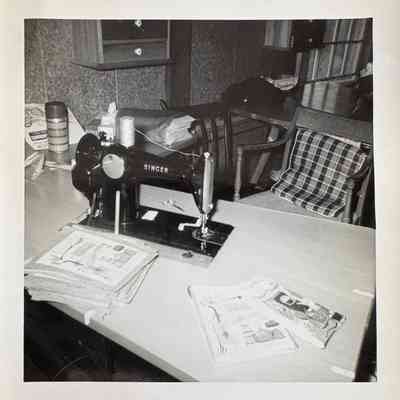 Peace (TK) Gift Greeting on a sewing table in the Country Prints workshop.: Collection of Sara Leeper. Image: unidentified photographer and media source.