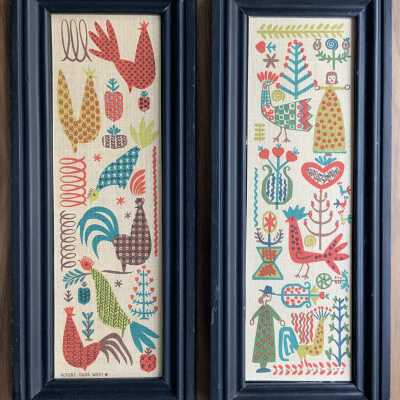 Matching pair: Early Birds 516-3 and Folk Patterns 516-2 in third party frames.: PKM collection.