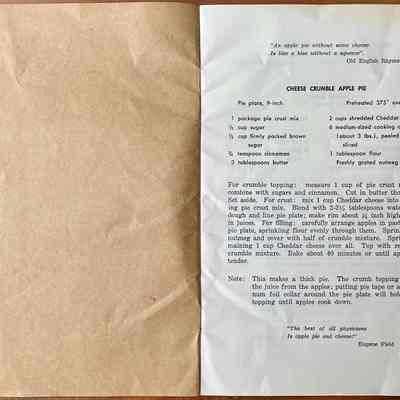 Page 1, right, Cheese Crumble Apple Pie recipe.