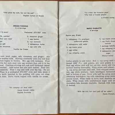 Page 6 and 7, Indian Pudding and Maple Charlotte recipes.