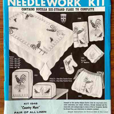 Suite of Bucilla “Country Morn” cross stitch kits, c.1958.: PKM collection.