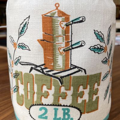 Motif Gourmet Coffee Can Cover 280 or 284-6, 2 lb., Turquoise, in use.: PKM collection.