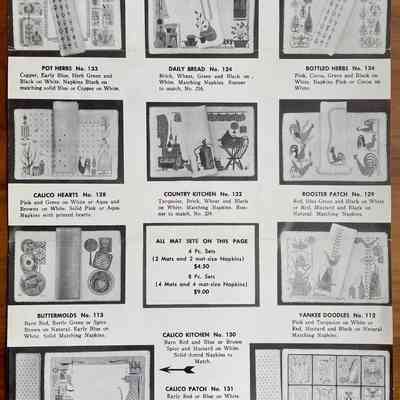 Solid color napkins and printed napkins in c.1954 placemat sets brochure.: Collection of Sara Leeper. Image: PKM.