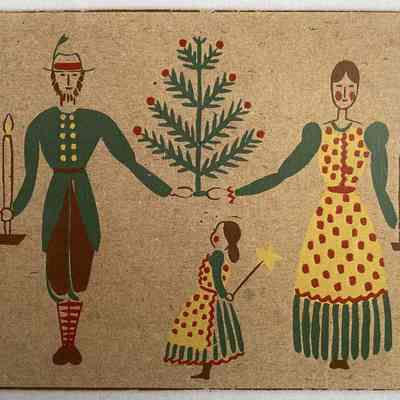 An early Country Prints Christmas notecard, c.1949. Note similarity of figiures in the Stevens calendar towel.: Collection of Sara Leeper. Image: Sara Leeper