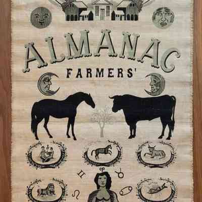 Coordinating wallhanging, Almanac 230 (TK).: Farmer, barns and moon appear at top of comosition. PKM collection.