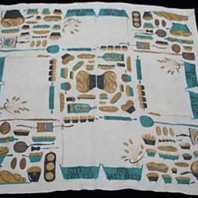 Tablecloth: Daily Bread 453, c.1954, 52”x52”, Turquoise