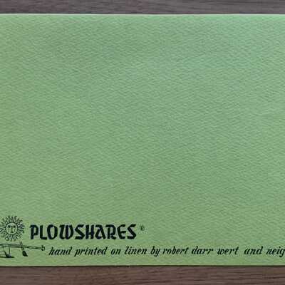 Notecard back with Plowshares imprint.