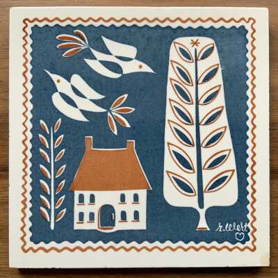 Tile: Quilts; Bird and Tree T-16, Blue