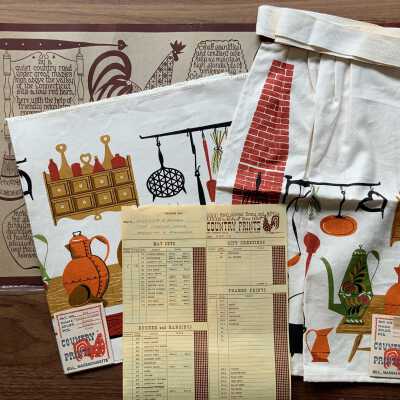 Table runner, matching apron, Country Prints packaging and packing slip.: PKM collection.