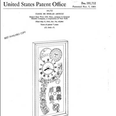 Patent for box clock, Des. 191,712, see link.: Patent is specifically for “clock or similar article” with silkscreened designs on  linen applied to the face and set in a box frame.