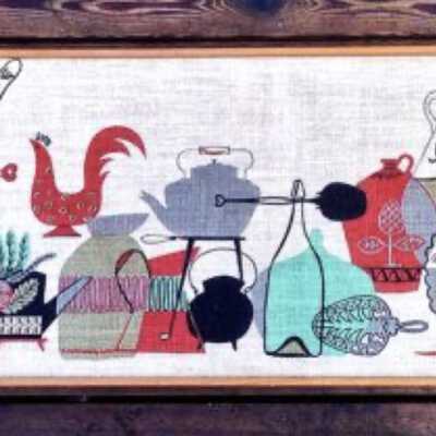 Re-colored runner, early 1960’s. Colors match the c.1959 framed print below.: Print appears to be on bleached linen with a brighter overall color scheme. Image: ninedoorsvintage, Etsy.com and Worthpoint.com