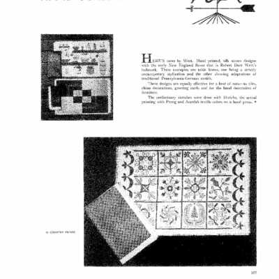 Journal Design, Vol. 57, 1956, Issue 3.: Placemat and napkin set in top left image.