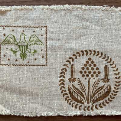 Cocktail Napkin B: Top: Rectangular mold of American eagle on a field of stars.
Bottom: Circular mold with multiple plants, hyacinth at center.
PKM collection.