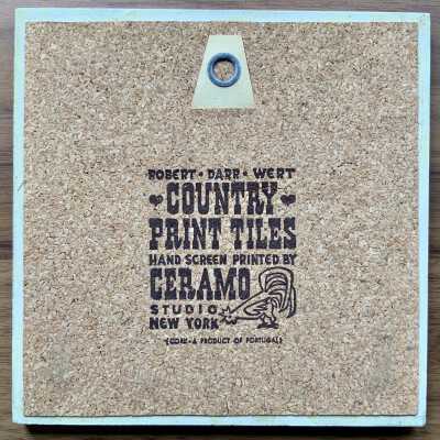 Tile back with Country Print Tiles/Ceramo Studio imprint.: Full cork back with hanger and imprint, c.1962.
