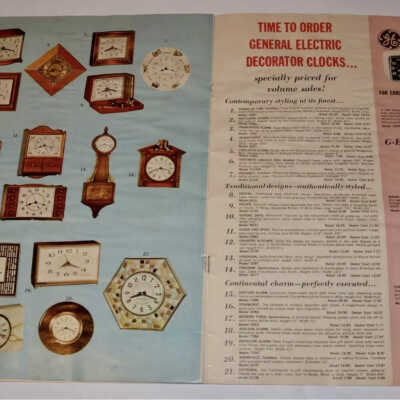 GE’s “Wholesale Gift Catalog/Holiday ‘63”: Clock appears in upper left corner. Description is #1 in white column. Image: eBay seller litzker.