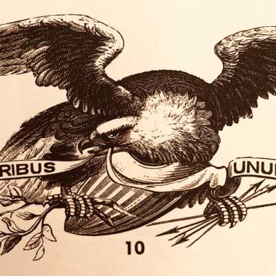 Eagle at top of composition, with arrows, olive branch and type removed.: Engraving: Handbook of Early American Advertising Art, Pictorial Volume, p.63, Clarence P. Hornung, Dover Publications, ©1953.
