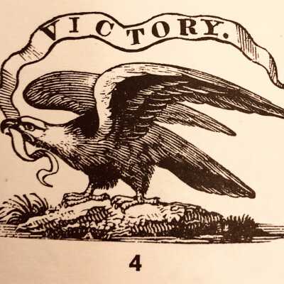 Center, third from top. Eagle, reversed, appears without banner.: Engraving: Handbook of Early American Advertising Art, Pictorial Volume, p.53, Clarence P. Hornung, Dover Publications, ©1953.