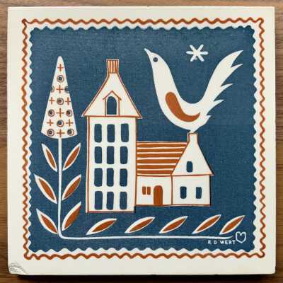Tile: Quilts; Bird and House T-17, Blue