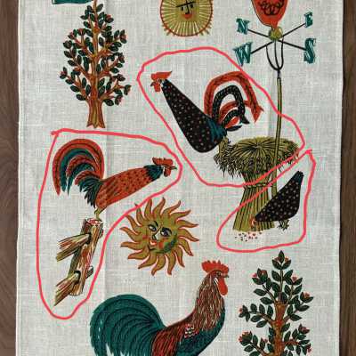 Wallhanging: Good Morning U226. Circled elements are used in the tablecloth design.: PKM collection.