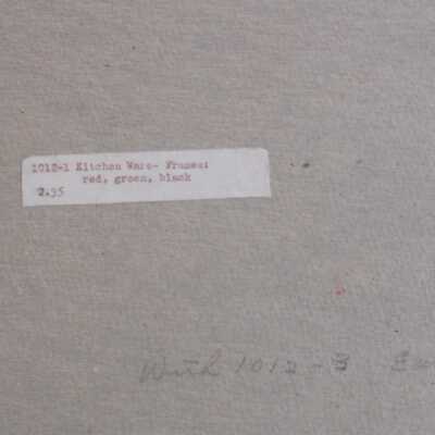 Back of mounted print with product information including wholesale price.: Label text: 1012-1 Kitchen Ware -  Frames: red, green, black 2.35
In Pencil: With 1012-3 Early Glass