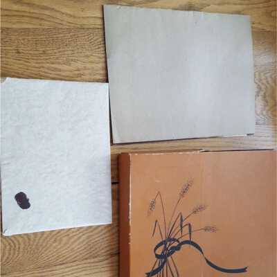 Packaging: At left is most likely the table runner envelope. At top are cardboard backing boards, most likely for the tablecloth.