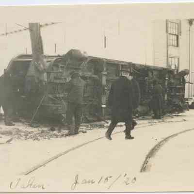 Overturned trolley at the Rockport Opera House, January 15, 1920