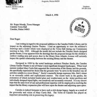 Letter from Earle G. Shettleworth, Jr., director of the Maine Historic Preservation Commission, to Camden Town Manager, Roger Moody